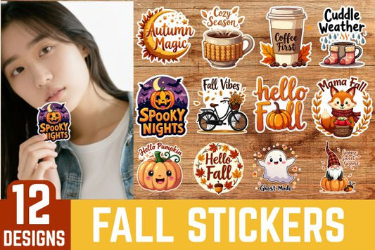 Cute Cozy 12 Fall Stickers PNG BUNDLE