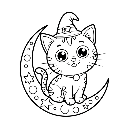 Halloween Cat on Moon Coloring Page | Free Printables (SVG, PDF & PNG)