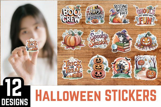 12 Halloween Stickers PNG BUNDLE