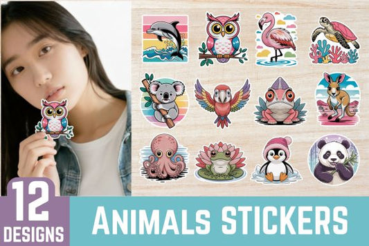 12 Animal Stickers PNG BUNDLE